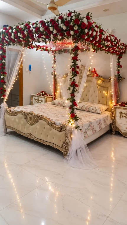 Artificial red-and-white flowers across the gold-toned bed canopy, with fresh marjoram greenery at the base in a Lahore bridal bedroom