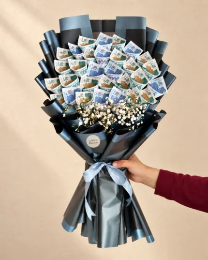 Layered curled banknotes with white filler flowers in blue and black wrapping.