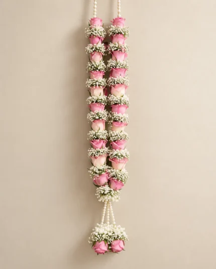 Pink roses spaced with white filler flowers, finished with pearl-style cords and a pink rose tassel.