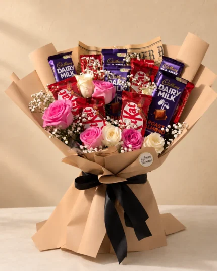 Mixed chocolate bars with pink and ivory roses in kraft wrapping and a black bow.