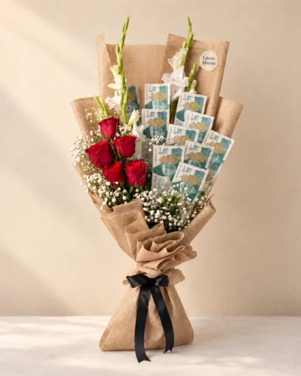 Upright banknotes beside red roses and tall white flower stems in kraft wrapping.