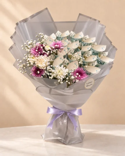Curled banknotes beside purple and white blooms in lavender-grey wrapping.