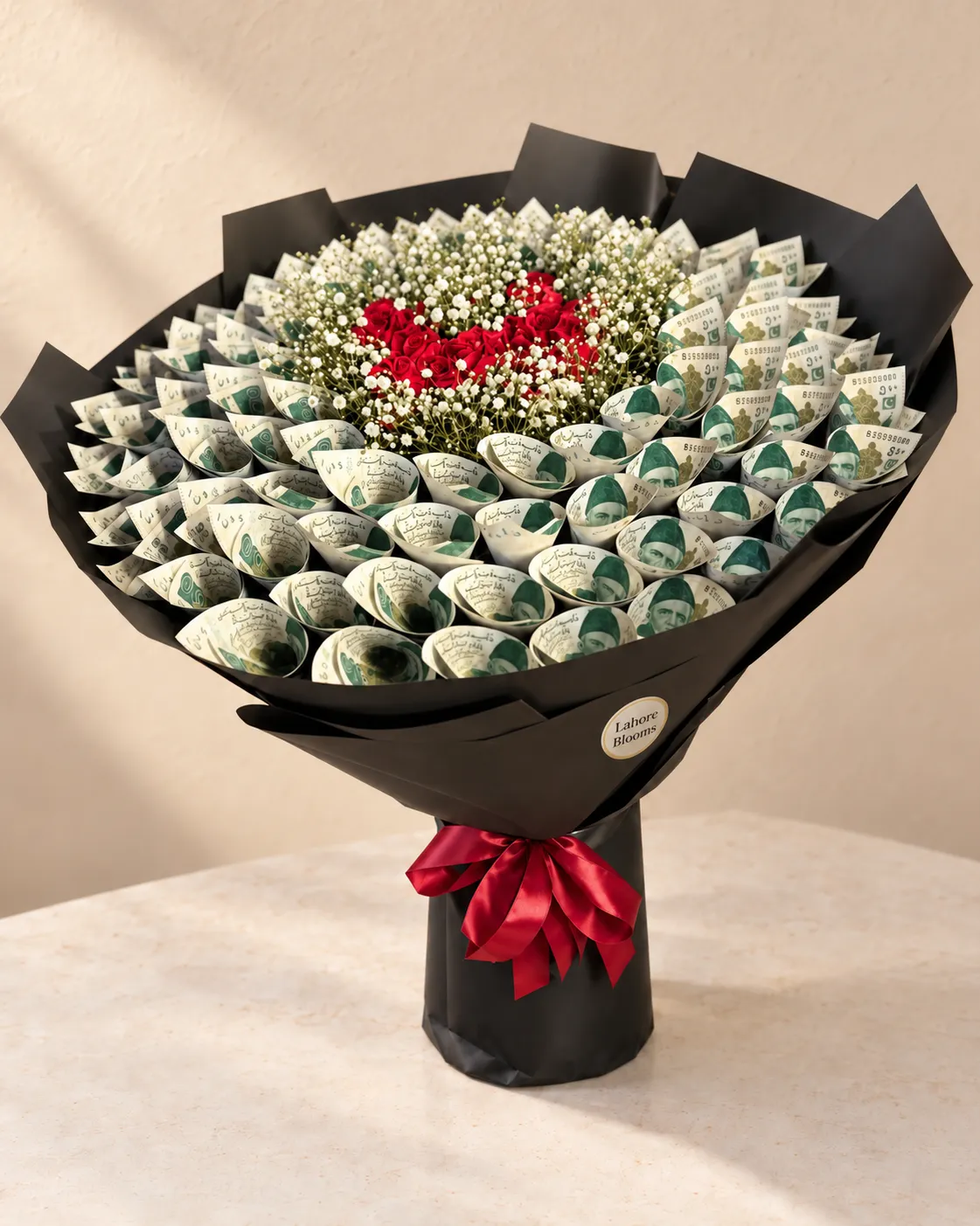 Red Rose Heart Money Bouque A wide arrangement of curled notes surrounding a red rose heart and white filler flowers.